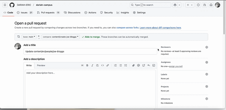 a 'commit' showing all the information added to the new 'Person' file, and a cursor then clicks on the 'Create Pull Request' button and the generated Pull Request is briefly shown. Gif on a loop.