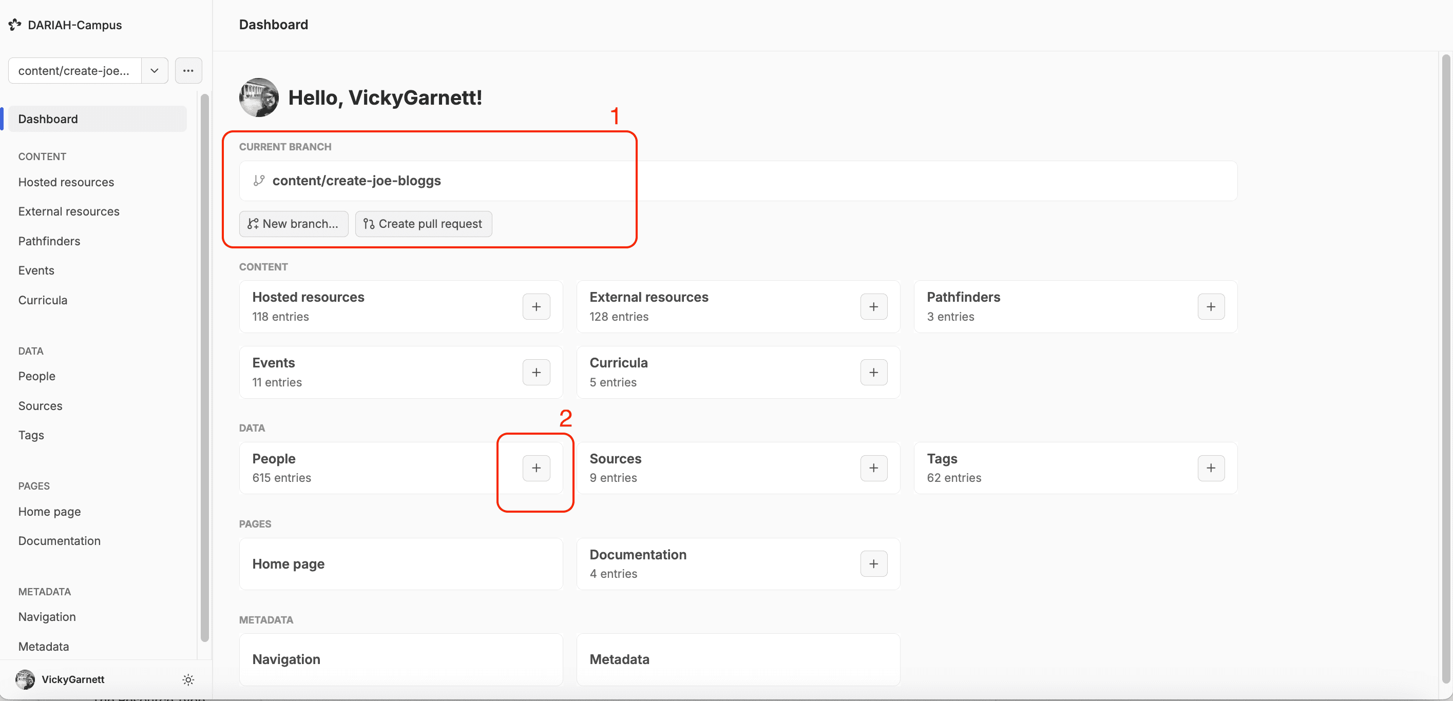 the main dashboard with a red outline around the 'Current Branch' field and a red number '1' to highlight the update to show the new branch name.