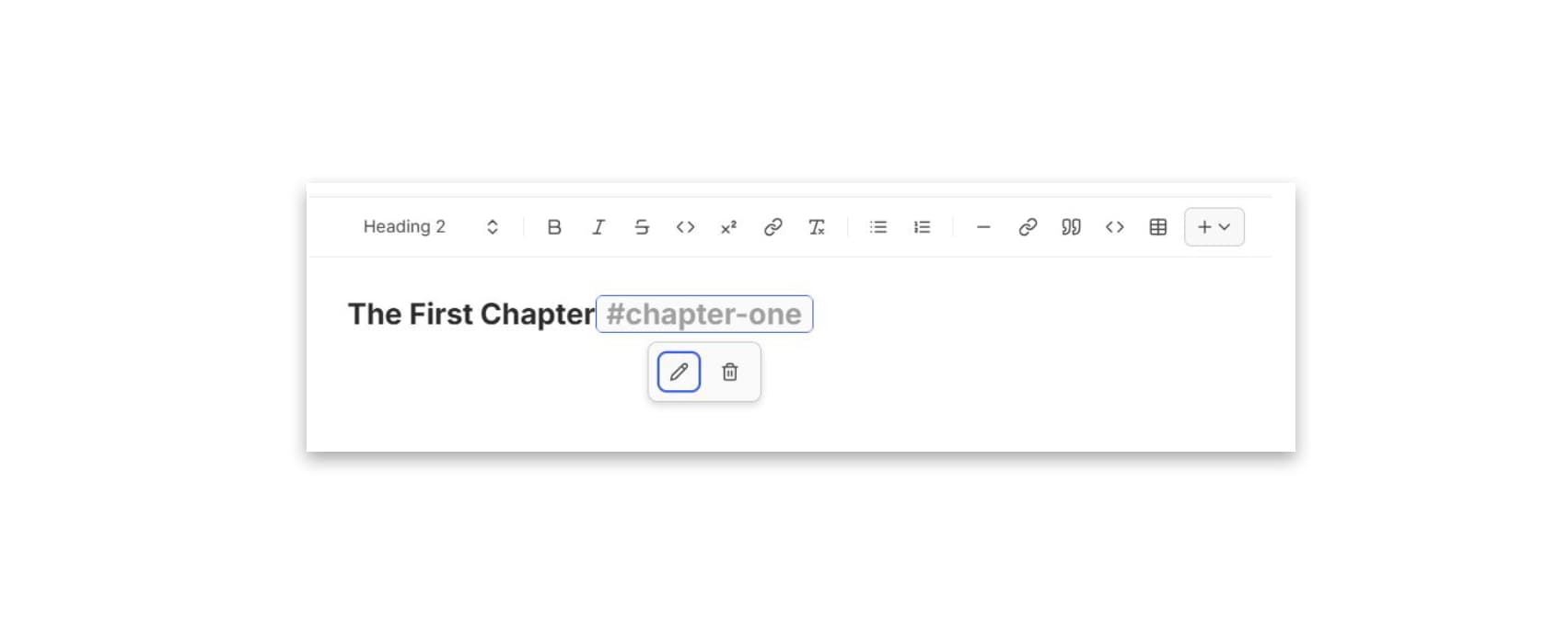 heading reads 'The First Chapter', and in grey font next to it is the heading ID '#chapter-one'.