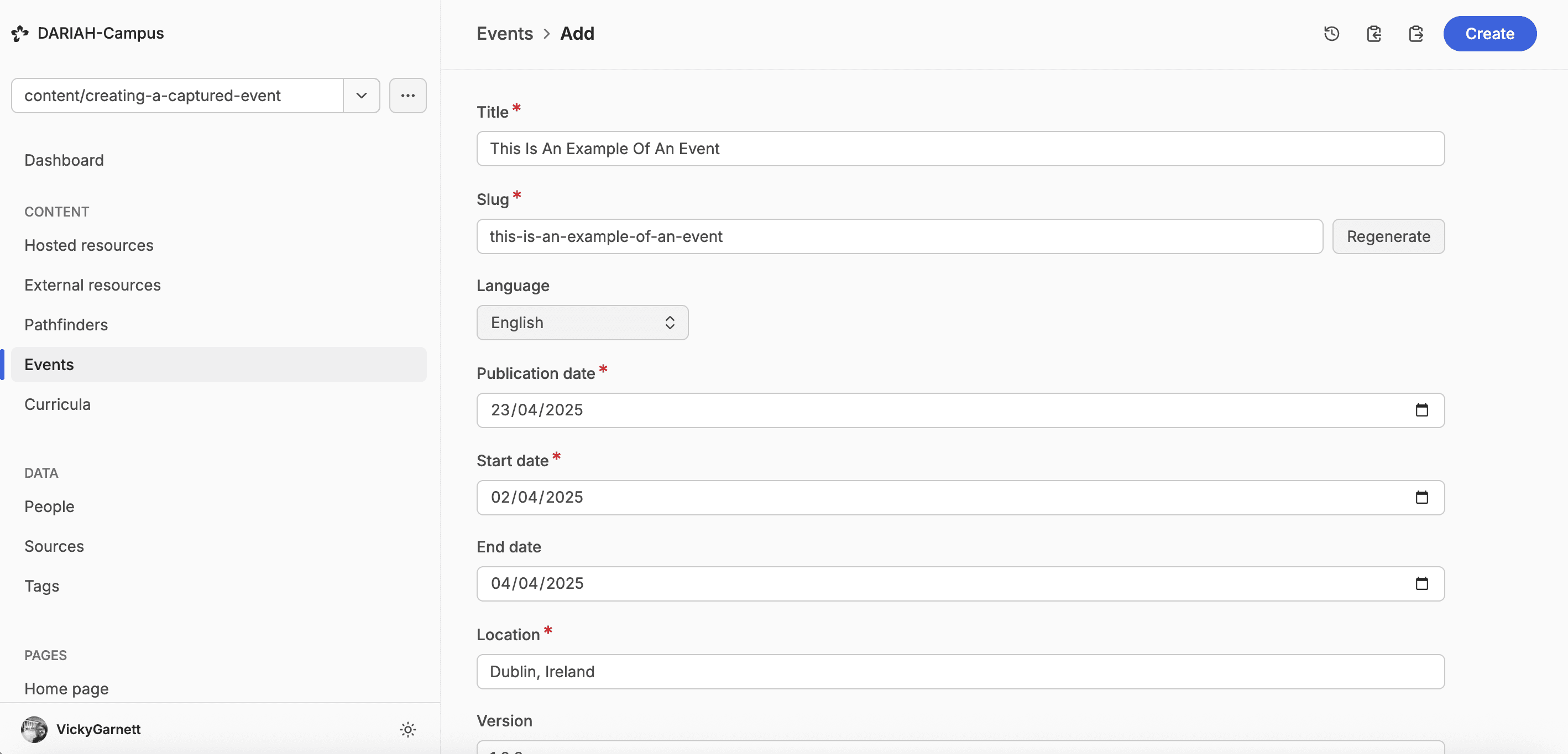 the first part of the Event Resource working space in the CMS, showing the metadata fields outlined above.