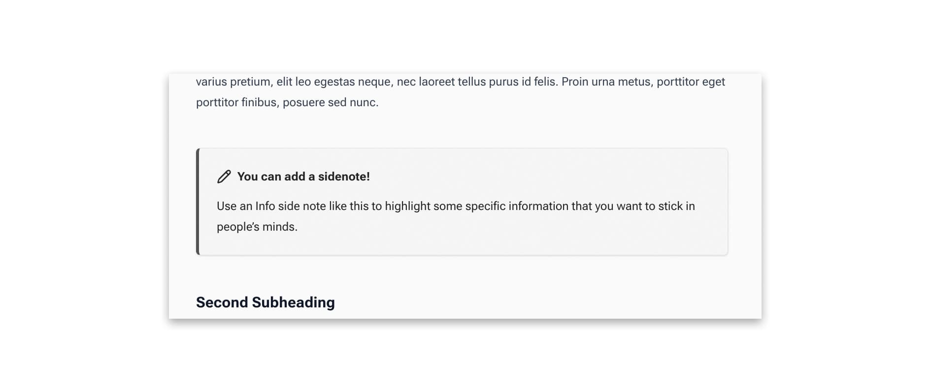 A call-out box with an edited title saying 'You can add a sidenote!' and content saying 'Use an info side note like this to highlight information that you want to stick in people's minds'. This content is of course editable to make it anything you want it to be.